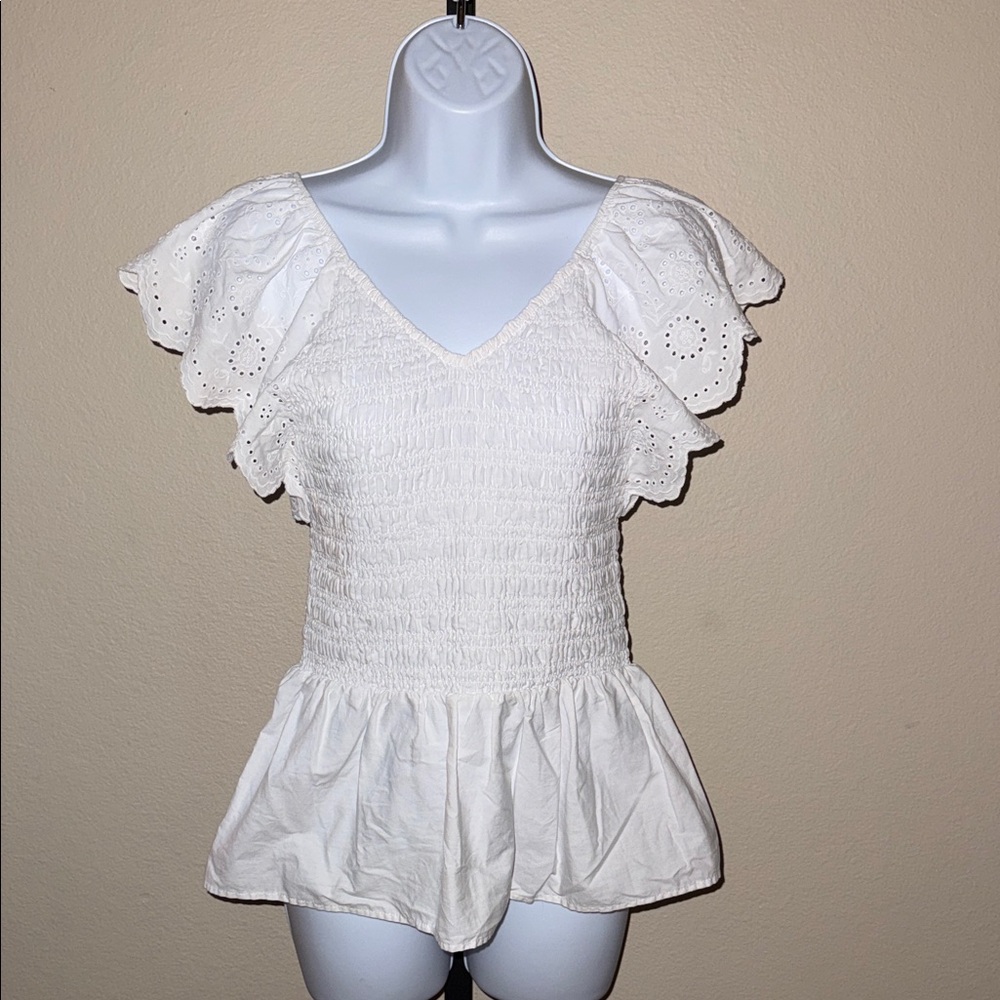 Joie White Ruffle Eyelet Sleeve Smocked V-Neck Peplum Blouse Women’s Size S